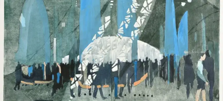 Drawing of people walking in a crowd.