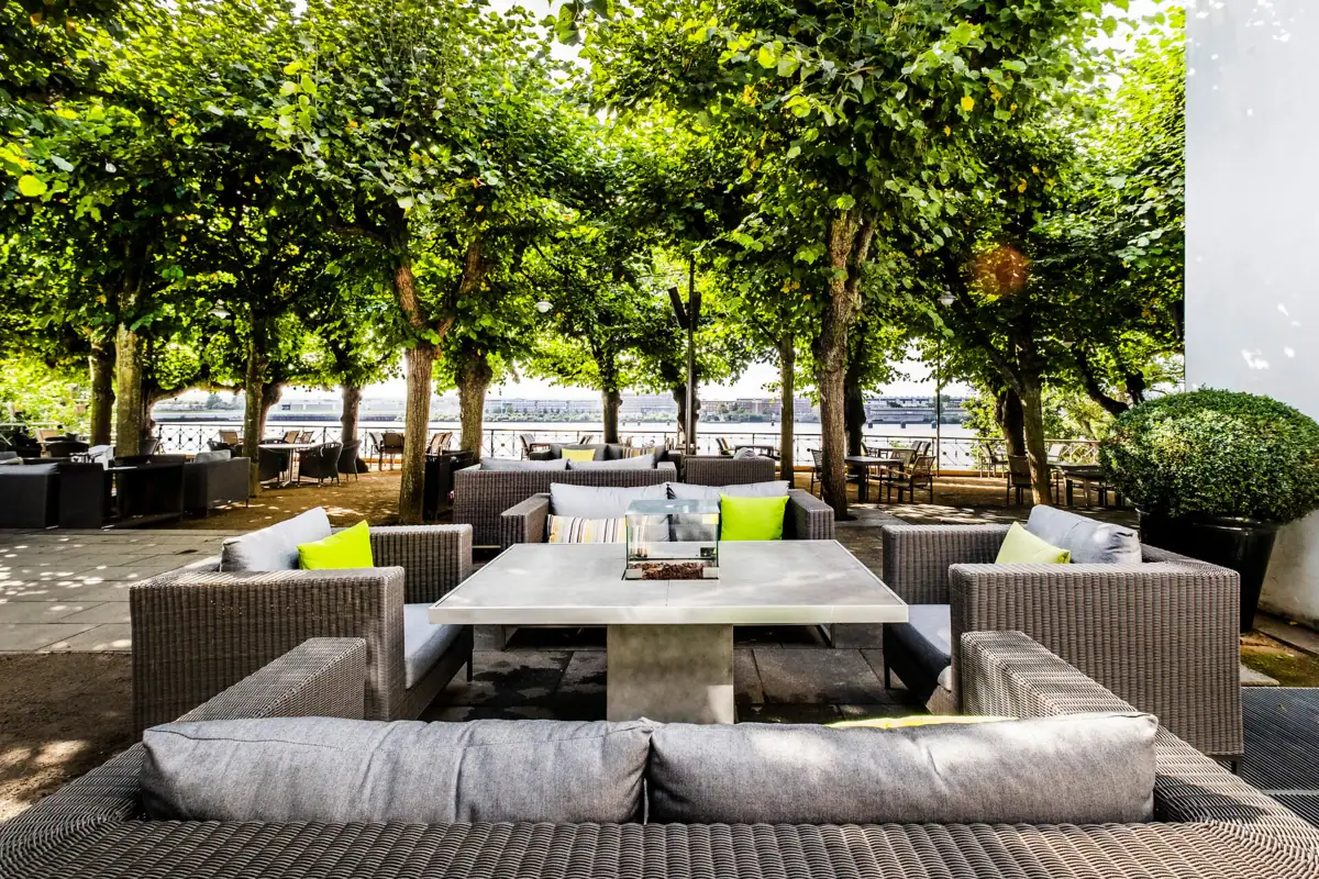 A table and chairs set under leafy trees.
