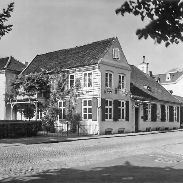 A house with a fence and a hedge in front.