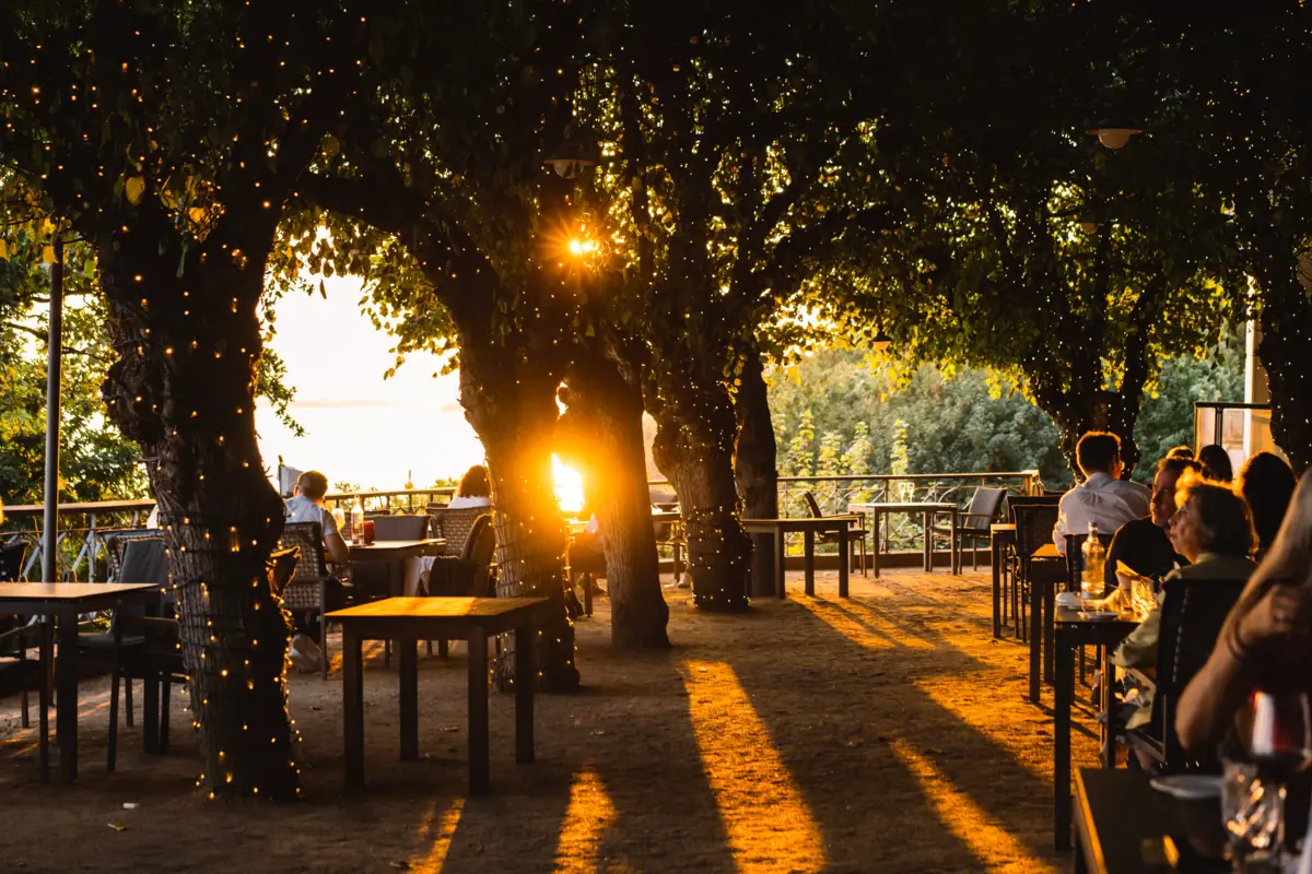 The Lindenterrasse in the evening lights while sunset.