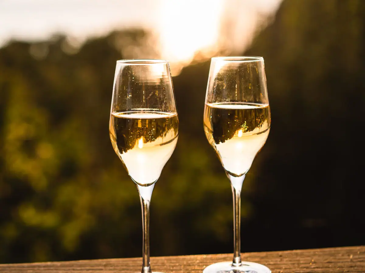 Two champagne glasses on a railing.