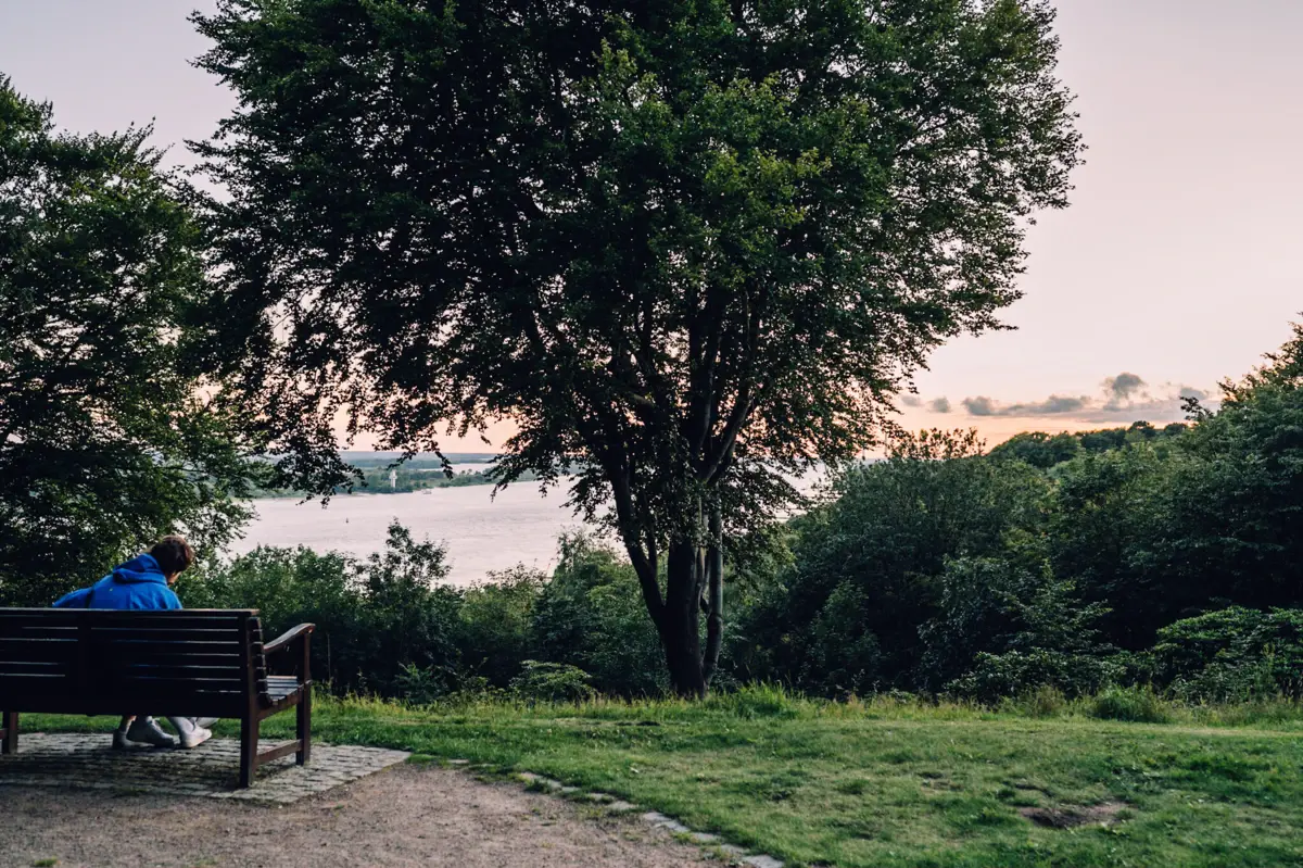 Aussichtspunkt beim Bismarckstein. Ein Mann sitzt auf einer Parkbank und blickt auf die Elbe bei Sonnenuntergang.