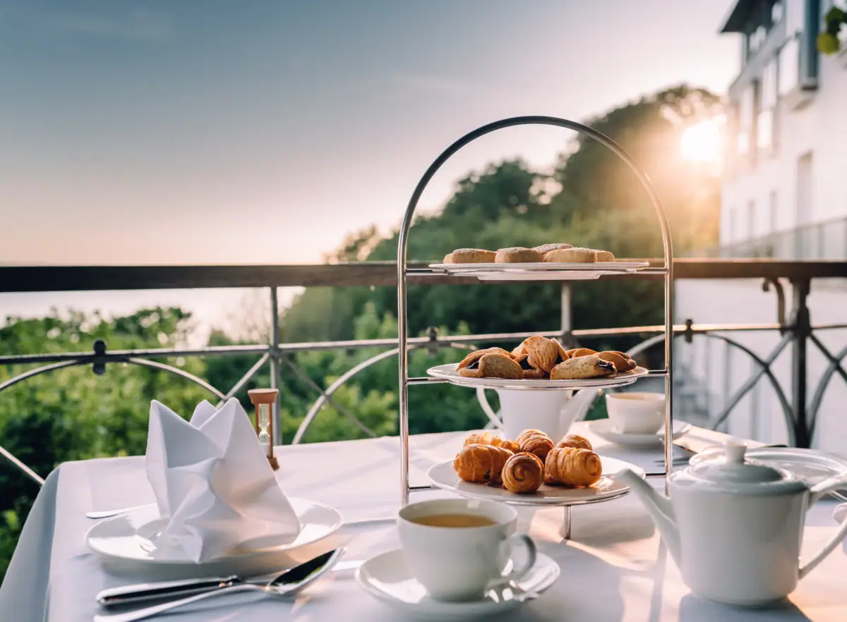 A tray of pastries and tea on a table with elegant tableware and a saucer.