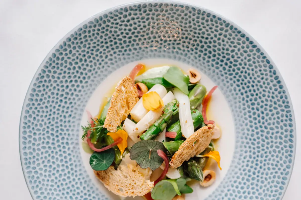 A plate of salad garnished with fresh vegetables on a table.