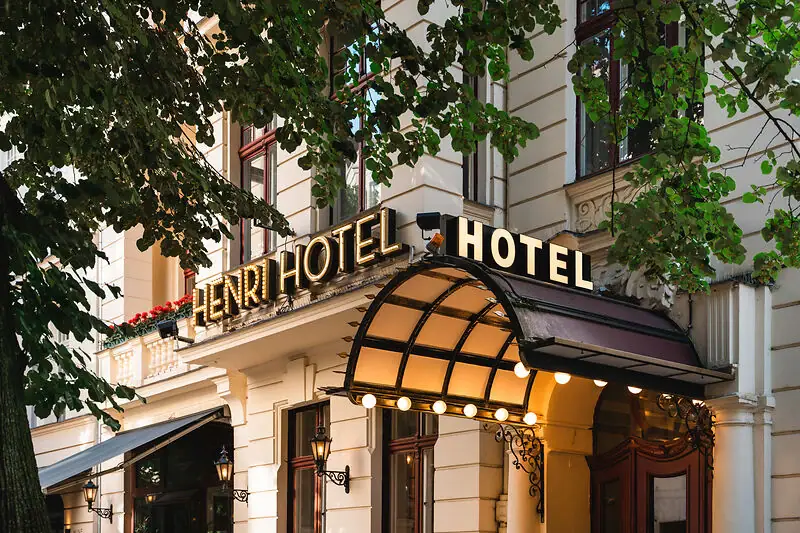 Hotel with an illuminated façade